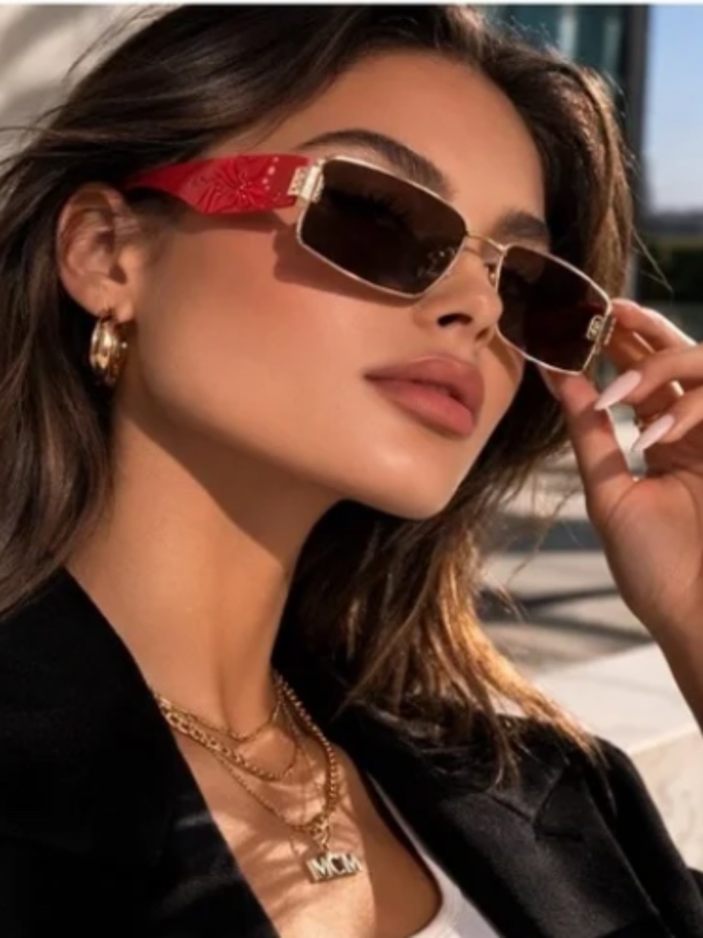 MCM Red and Gold Shield Sunglasses with crossbody case